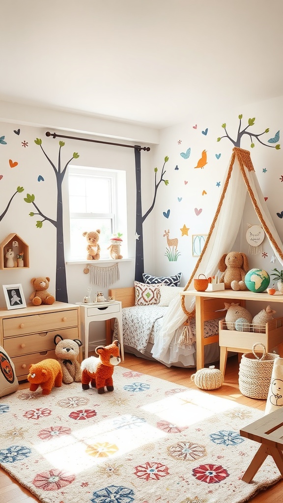 A cute Boho style toddler bedroom featuring tree wall art, a play tent, and plush toys.