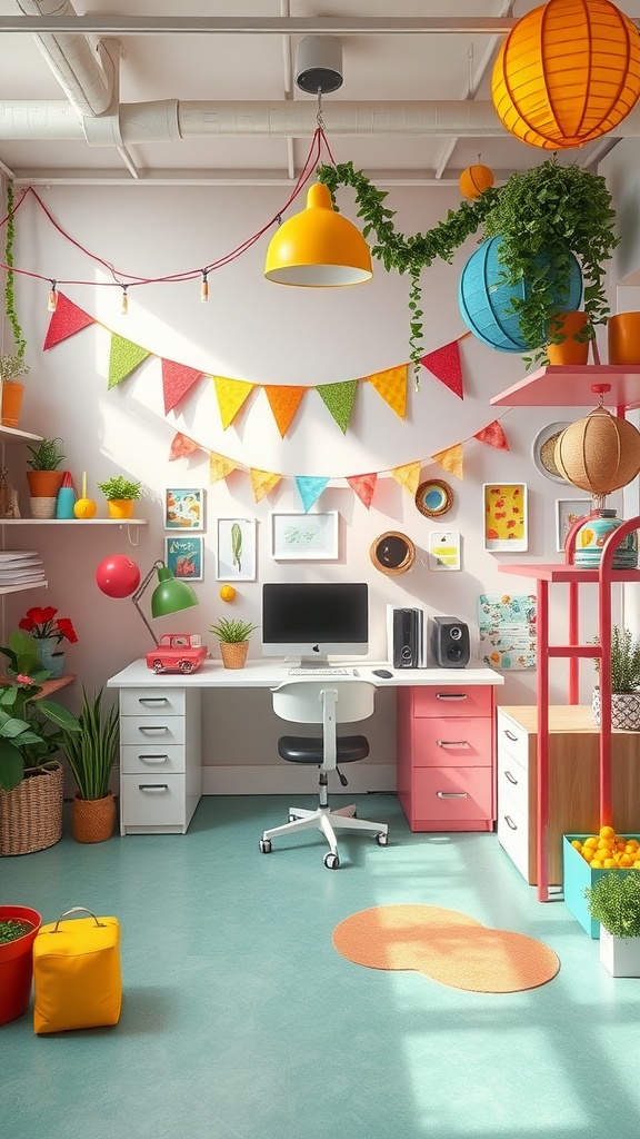 A colorful and organized creative workspace with fun decor, including plants, bunting, and bright furniture.