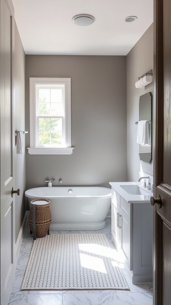A stylish bathroom featuring Whiskers paint by Glidden, showcasing a minimalist design with a freestanding bathtub and a neutral color palette.