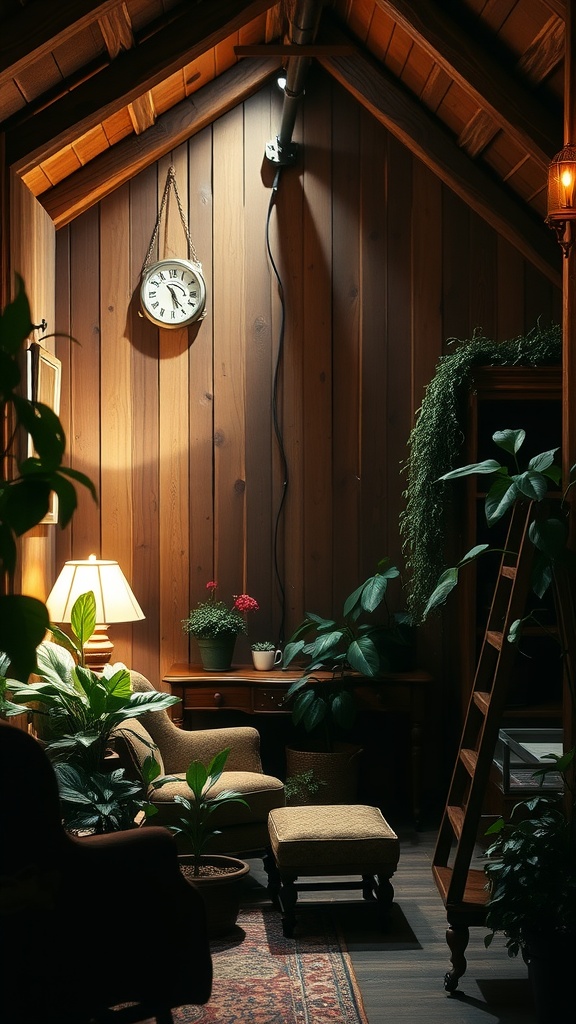 A cozy interior alcove with wooden walls, a clock, plants, a lamp, and seating.