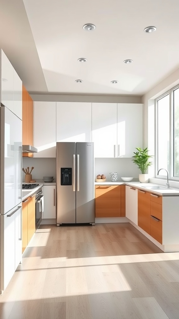 Modern U-shaped kitchen with white and wood cabinets, featuring a stainless steel refrigerator and natural lighting.