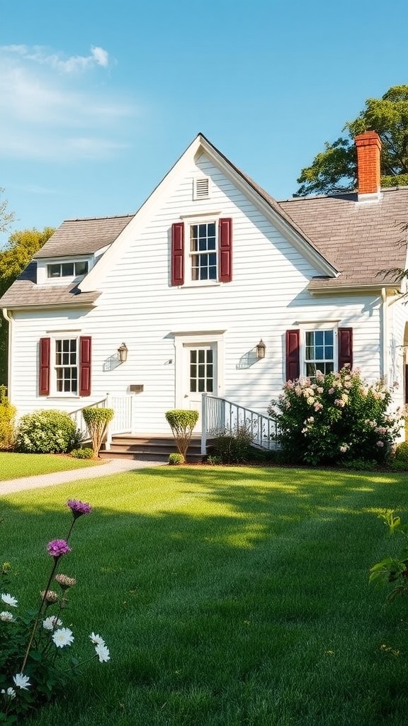 A charming farmhouse with white exterior and dark shutters, surrounded by green grass and flowers.