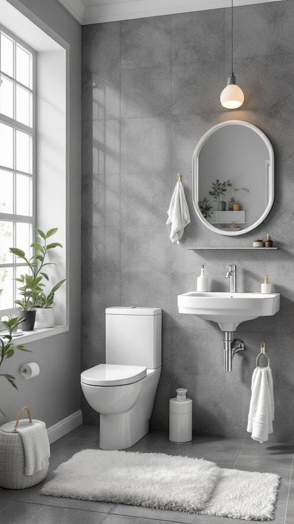 A modern gray and white bathroom featuring white porcelain fixtures like a sink, toilet, and bidet, with a stylish backdrop.