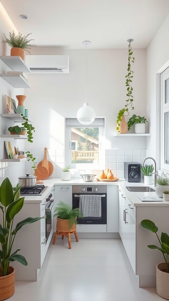 A bright and airy small kitchen featuring white cabinets, natural light, and green plants.