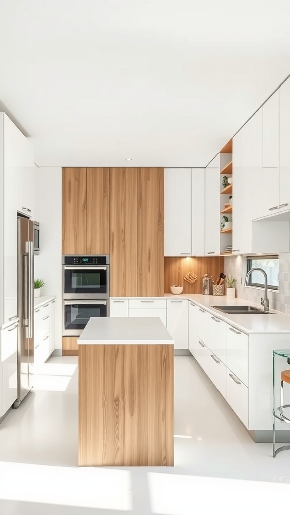 A modern U-shaped kitchen featuring white cabinets and wooden accents, with a spacious island and stylish decor.
