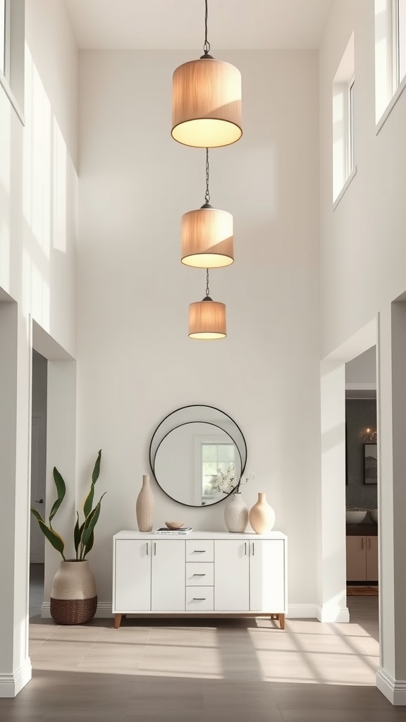 Three whitewashed wood pendant lights hanging in a modern foyer with a white cabinet and a round mirror.