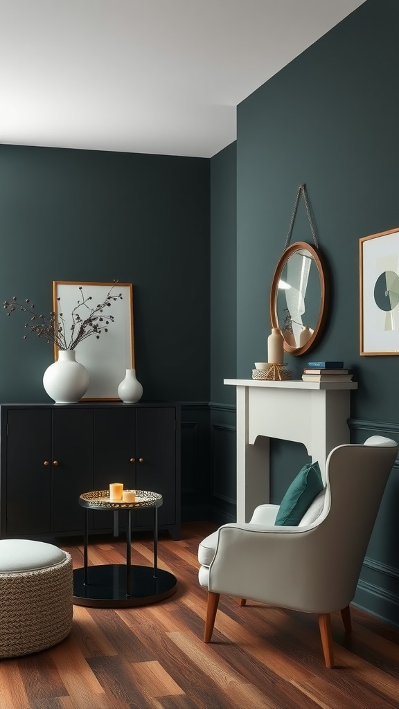 A cozy room with deep green walls, wooden flooring, and stylish furniture.