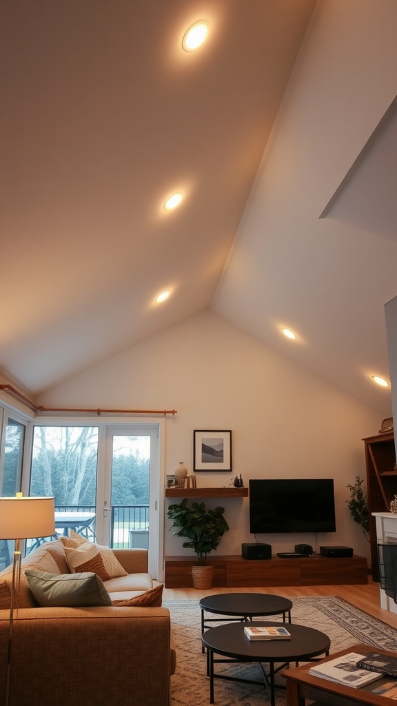 A living room with recessed lighting on a sloped ceiling, showcasing a cozy seating area and modern decor.