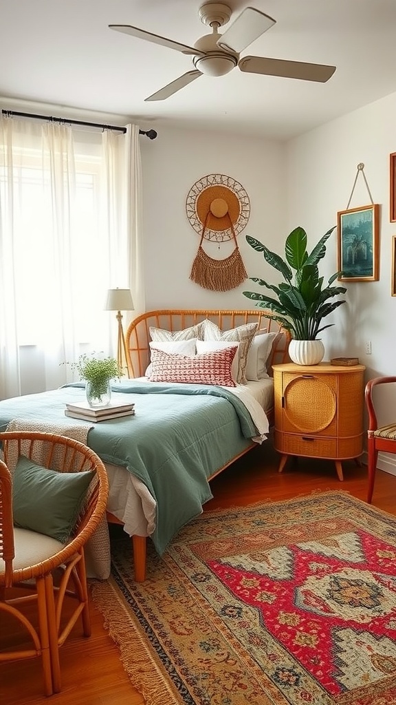 A cozy bedroom featuring wicker and rattan furniture, a plant, and colorful textiles