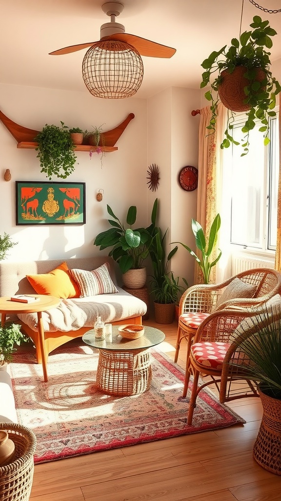 A cozy Boho style bedroom featuring wicker furniture, plants, and colorful textiles.