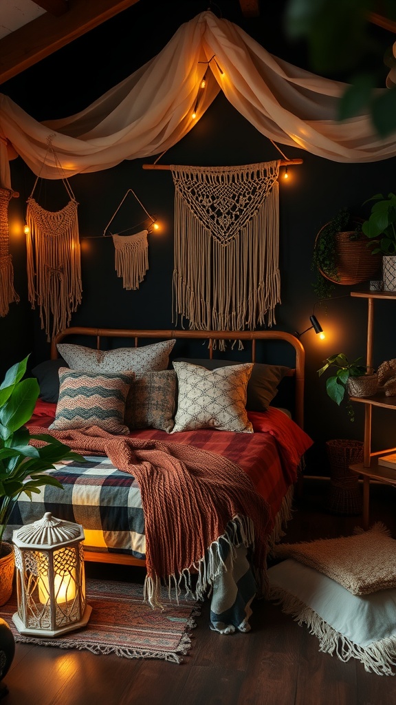 A cozy dark boho bedroom with earthy tones, layered textiles, and soft lighting.