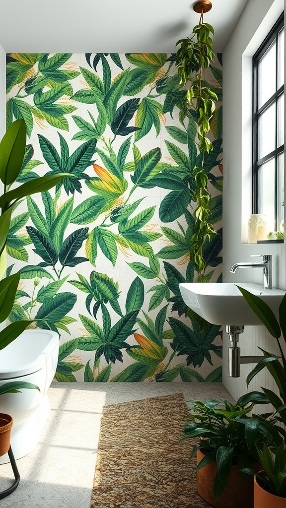 Bathroom with nature-inspired tiles featuring vibrant green leaves, plants, and a modern sink