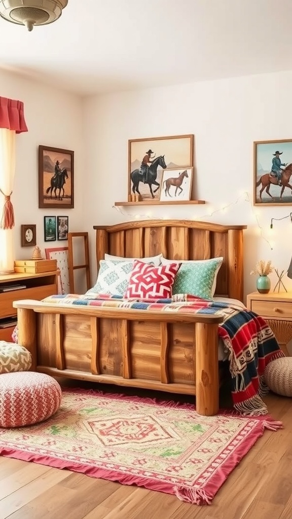 Cozy Wild West themed bedroom with wooden bed, colorful blankets, cowboy artwork, and plush rugs.