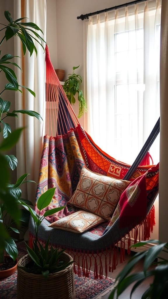 A colorful hammock by the window, adorned with decorative pillows and surrounded by plants.