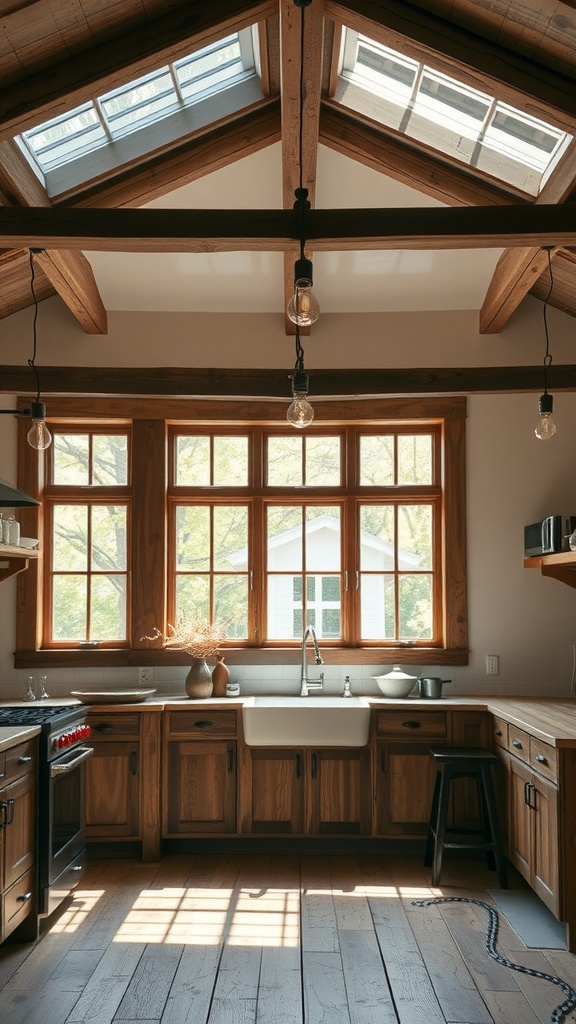 A rustic modern kitchen featuring large windows that let in natural light, wooden beams, and a cozy feel.