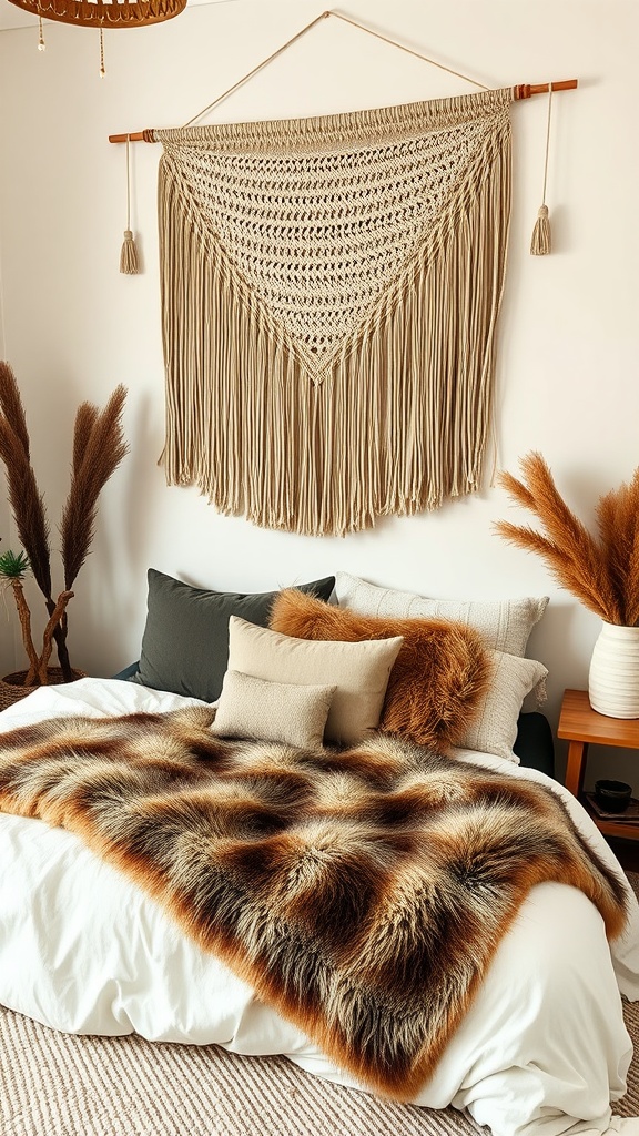 Cozy boho bedroom with macramé wall hanging and plush bedding