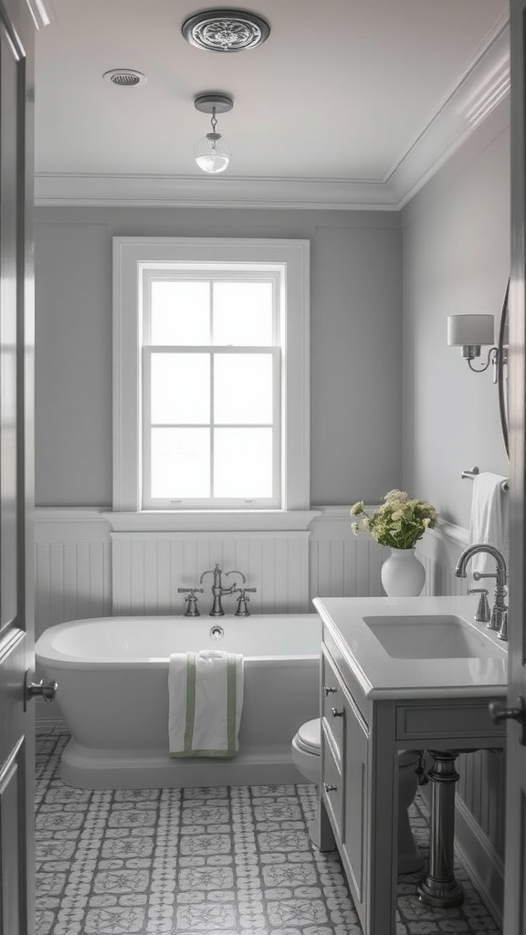 A neutral bathroom featuring soft gray walls, a freestanding tub, and elegant fixtures, showcasing the Winter Snow paint color.