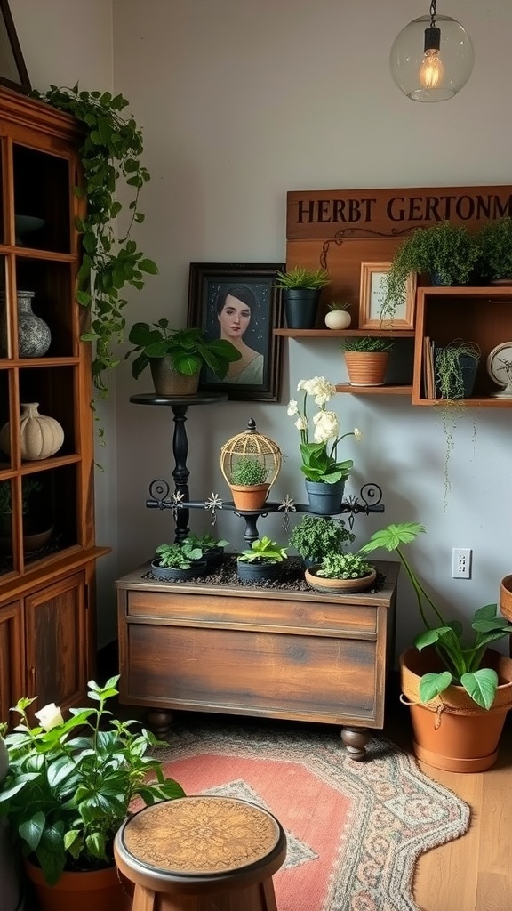A cozy witchy herb garden setup with various plants, a wooden chest, and decorative items in a goth bedroom.