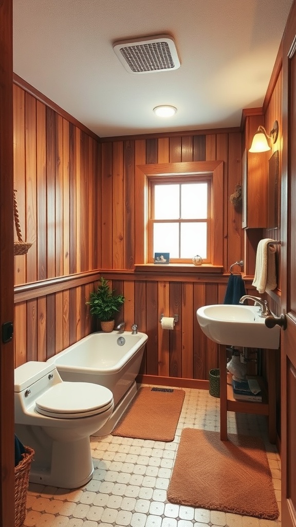 Cozy 70s bathroom with wood paneling, bathtub, and sink