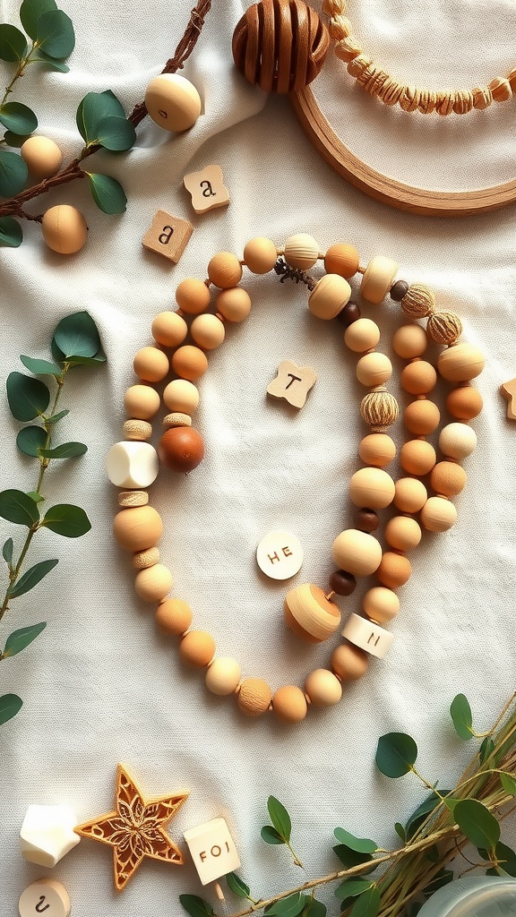 An assortment of wooden beads and natural elements laid out on a fabric surface