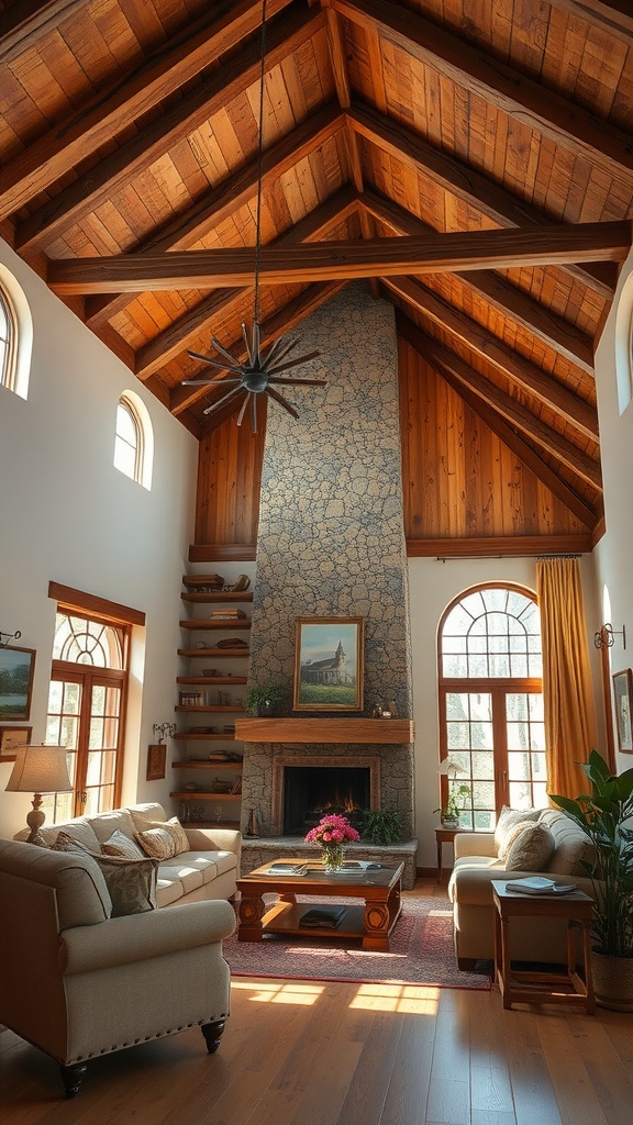 Living room with wooden beams and integrated lighting