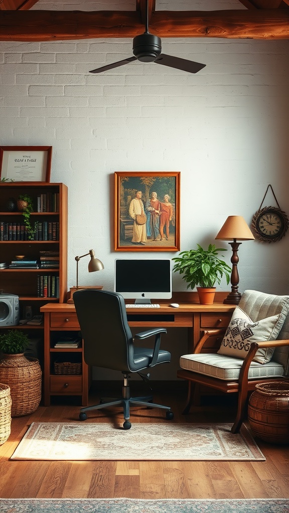 Cozy fall home office with wooden furniture accents, a desk, chair, and plants.