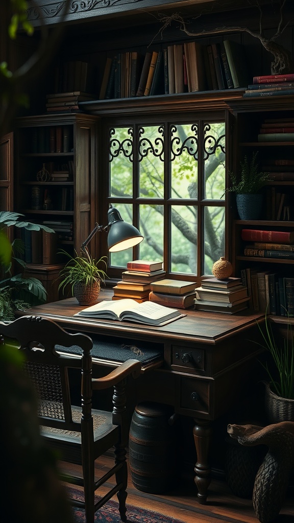 A cozy study room featuring a wooden desk with an open book, surrounded by bookshelves and plants.