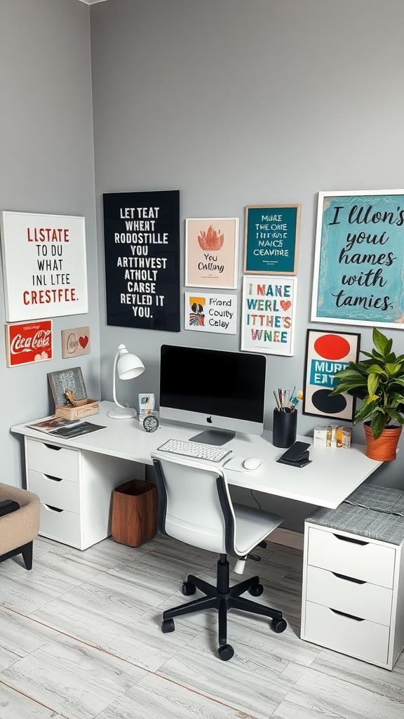 An organized creative workspace featuring a white desk, computer, and a wall decorated with colorful inspirational quotes and art.