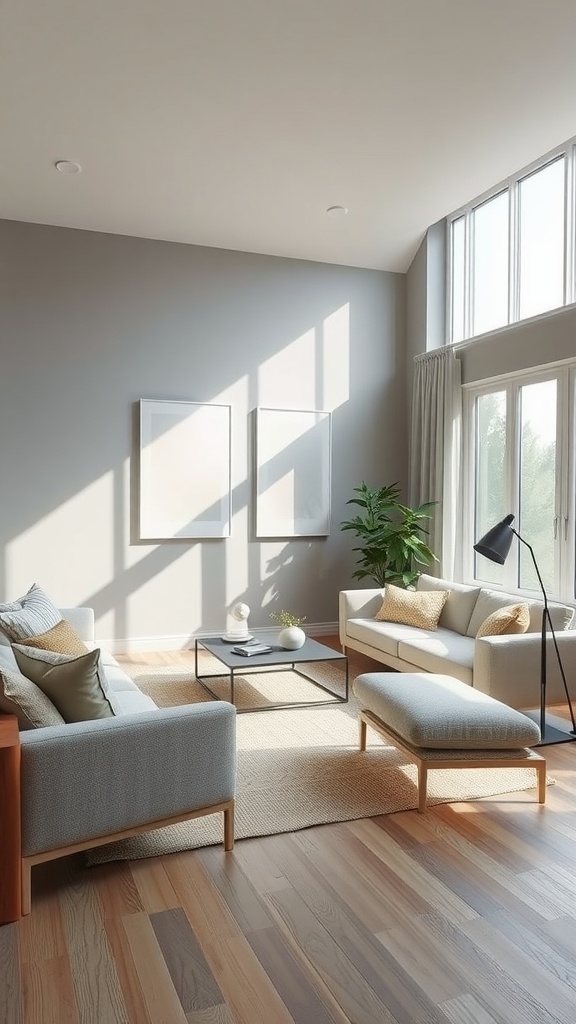 A modern living room featuring Worldly Gray SW 7043 paint on the walls, with stylish furniture and large windows.