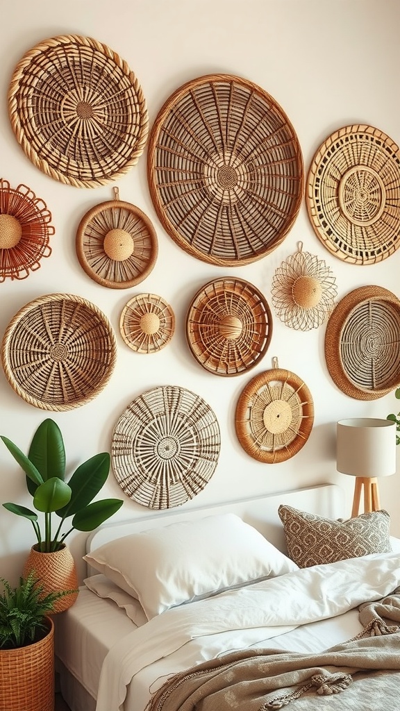 A wall featuring woven baskets of various sizes and designs above a bed with plants