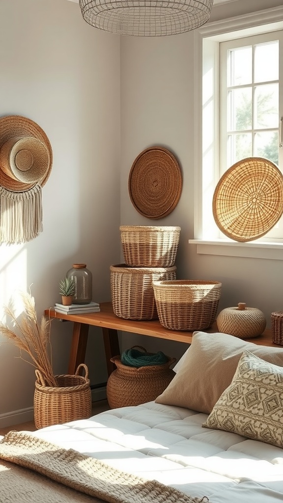 A cozy bedroom with various woven baskets, showcasing Earth Tone Boho Style decor.