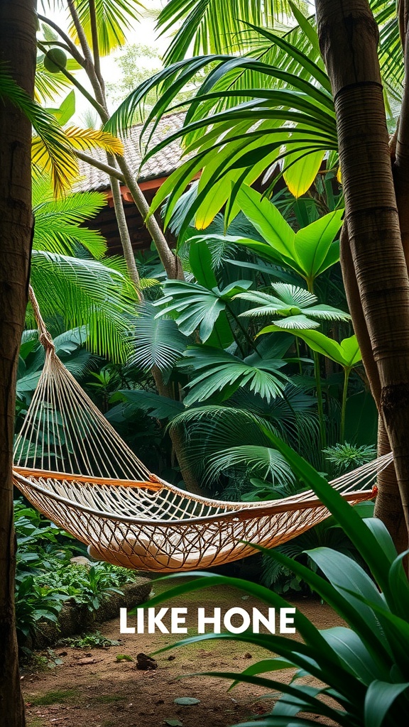 A cozy woven hammock bed surrounded by lush green tropical plants.