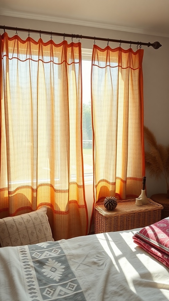 Woven jute curtains in a boho themed bedroom, letting in soft sunlight.