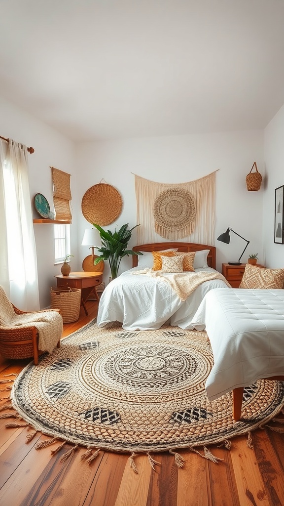 A cozy boho bedroom featuring a round woven rug, wooden flooring, and a minimalist design.