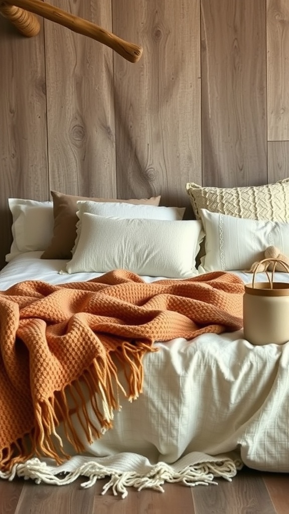 A cozy bed with an orange knitted blanket, soft white bedding, and decorative pillows against a wooden wall.