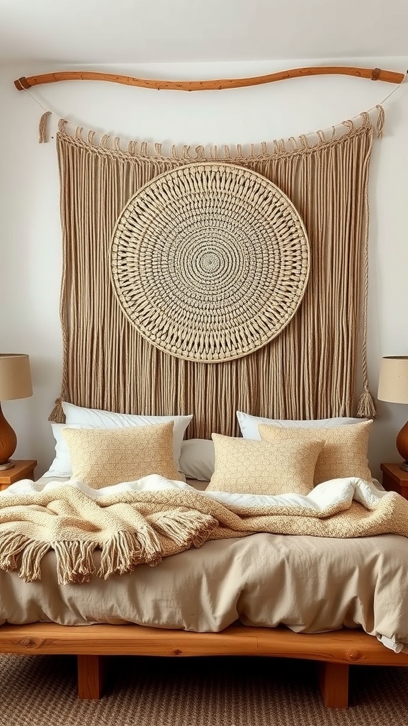 A cozy bedroom featuring a woven wall hanging with an earthy color scheme, surrounded by neutral bedding and wooden furniture.