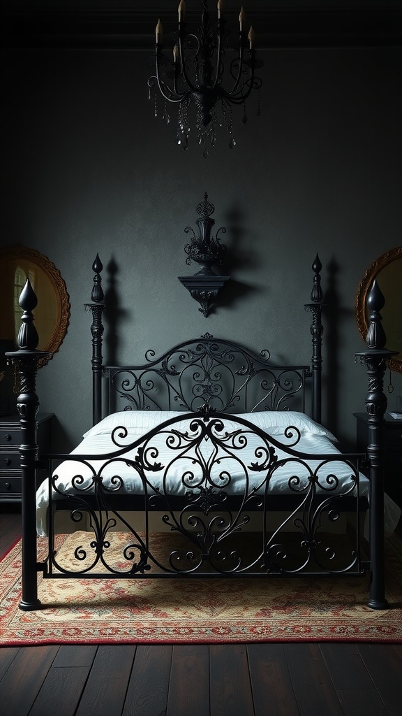 A gothic-style wrought iron bed frame with intricate designs, set in a dark room with vintage decor.