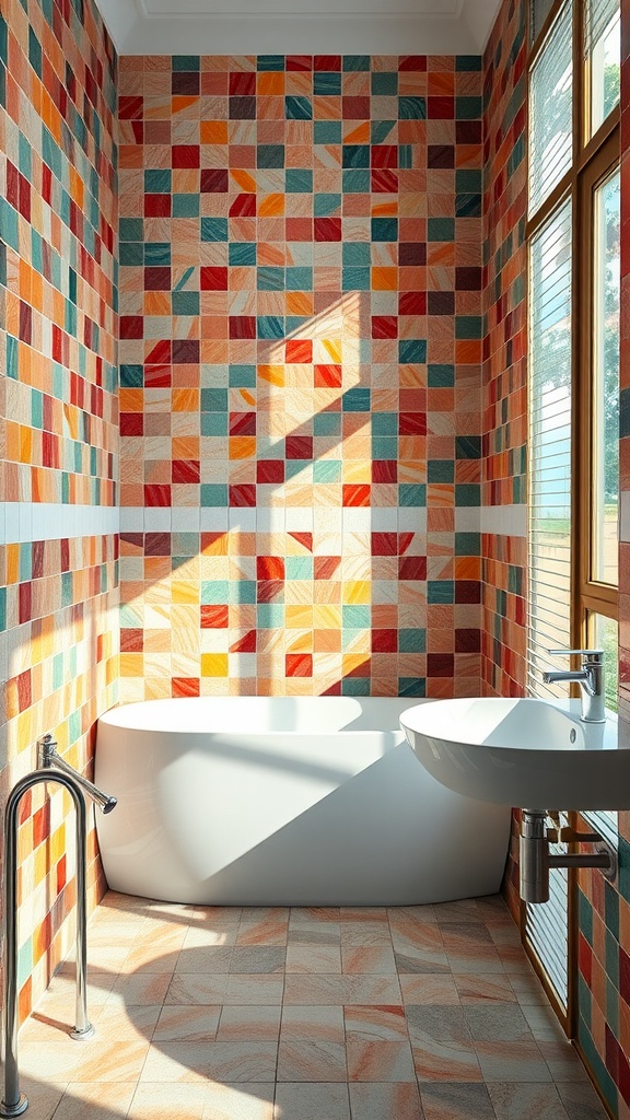 A bathroom featuring colorful Zellige tiles on the walls, a white bathtub, and a modern sink.