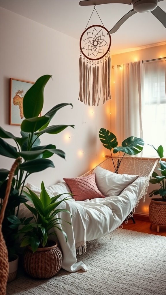 A cozy hammock in a boho style bedroom, surrounded by plants and warm lighting.