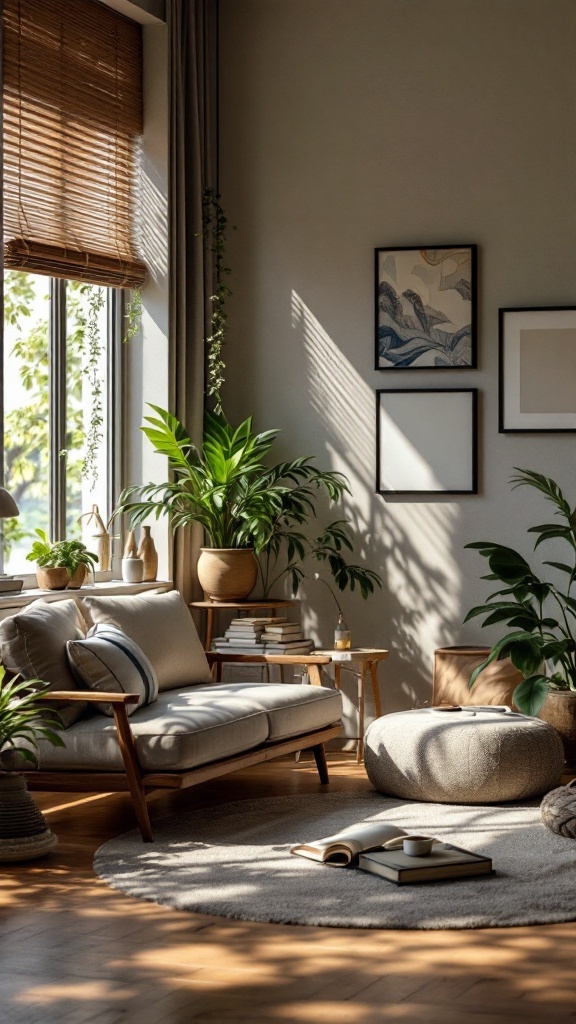 A bright and calming meditation space featuring a minimalist sofa, a plant, and natural light.