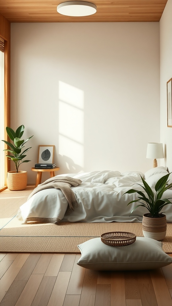 A minimalist zen-inspired bedroom with wooden accents, a soft bed, and indoor plants.