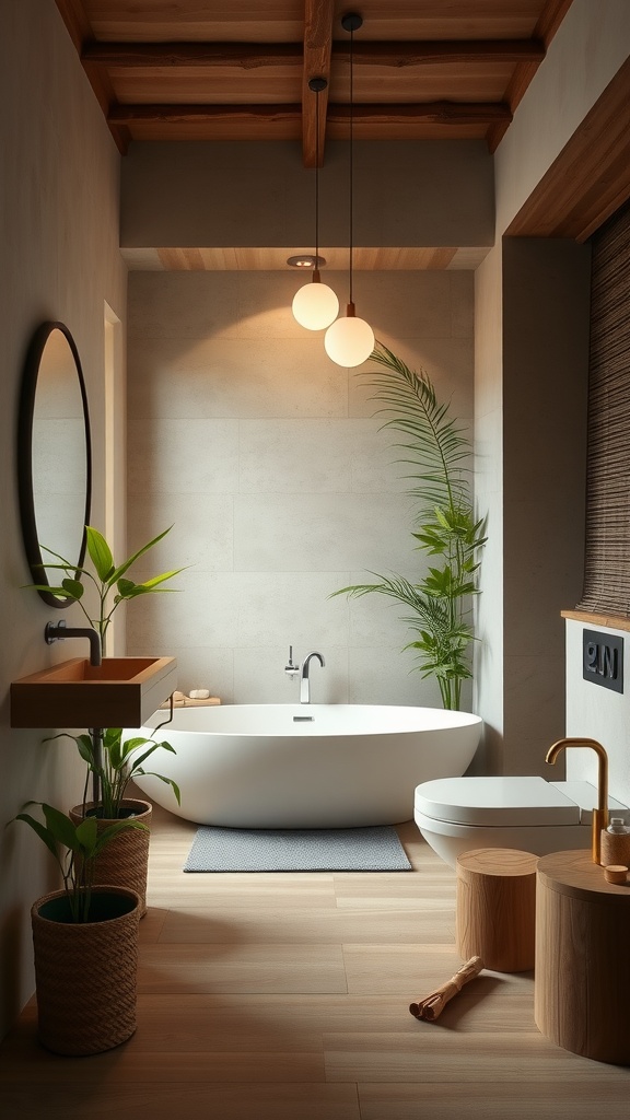 Aesthetic bathroom with freestanding tub, plants, wooden accents, and warm lighting