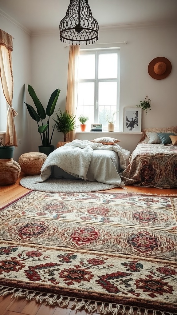 Cozy bedroom with a Boho style rug, plants, and warm lighting.