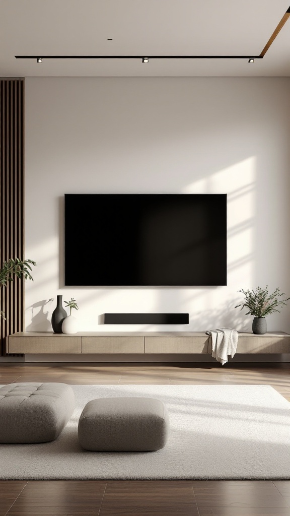 Zen-inspired living room with modern luxury TV wall design, featuring a sleek TV, minimalist furniture, and natural elements.