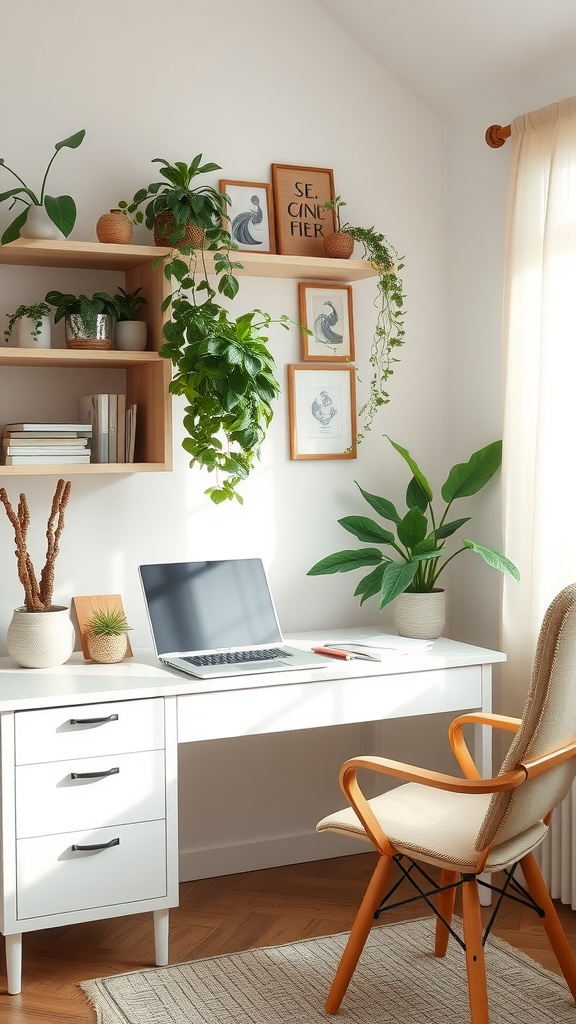A bright and inviting zen-inspired home office with a white desk, laptop, plants on shelves, and cozy seating.