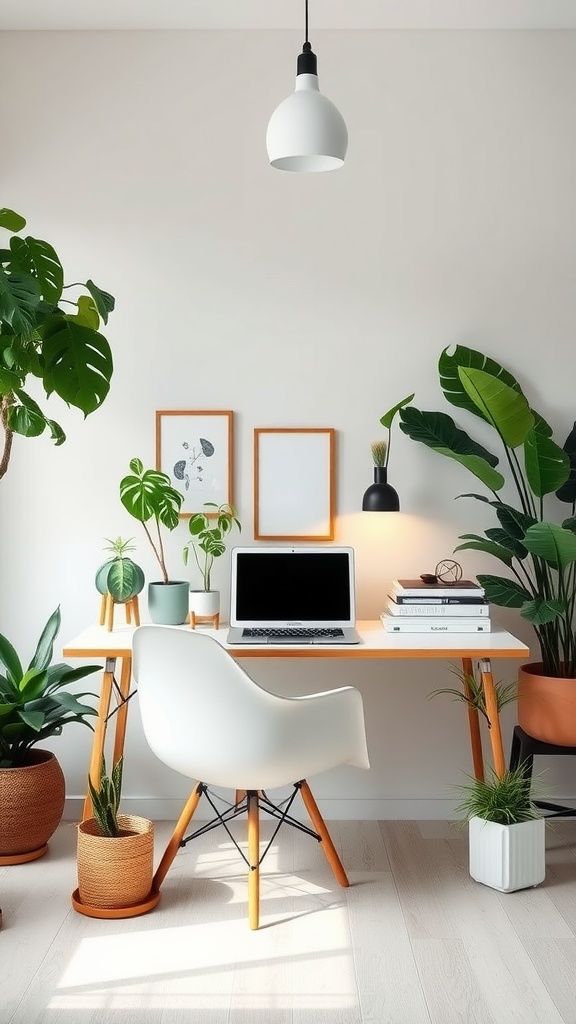 A zen-inspired home office with a white desk, green plants, and a laptop.