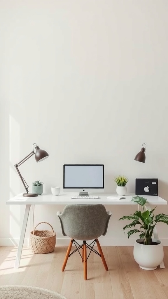 A minimalistic zen-inspired workspace featuring a clean desk, a computer, and plants.