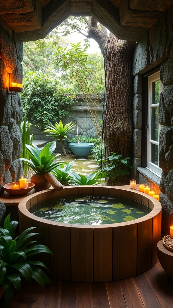 A serene bathhouse with a wooden tub surrounded by plants and candlelight, creating a peaceful atmosphere.