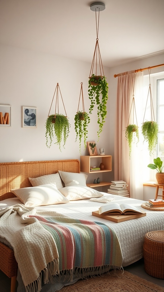 A cozy boho bedroom featuring hanging plants, a rattan bed, and soft neutral tones.