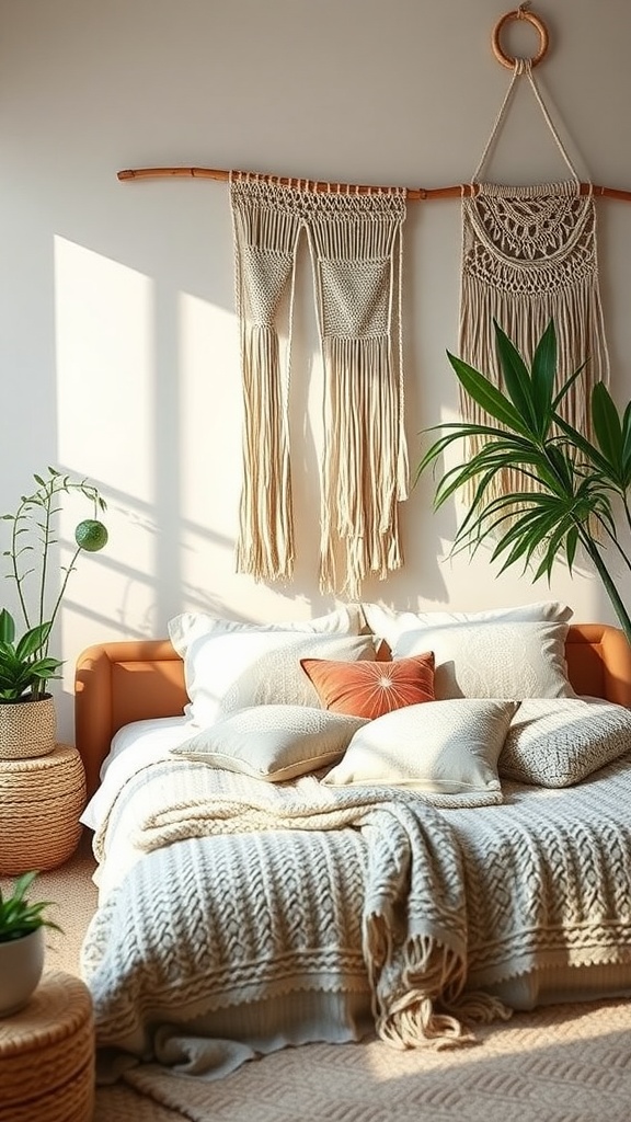 A cozy Boho bedroom with macramé wall hangings, green plants, and soft bedding.